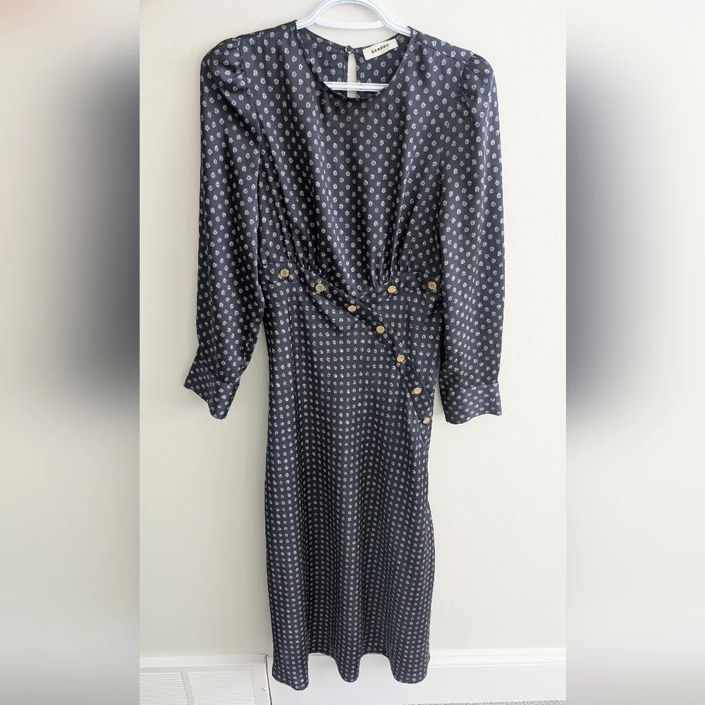 Sandro Midnight Blue Patterned Long Sleeve Dress - Picture 5 of 11